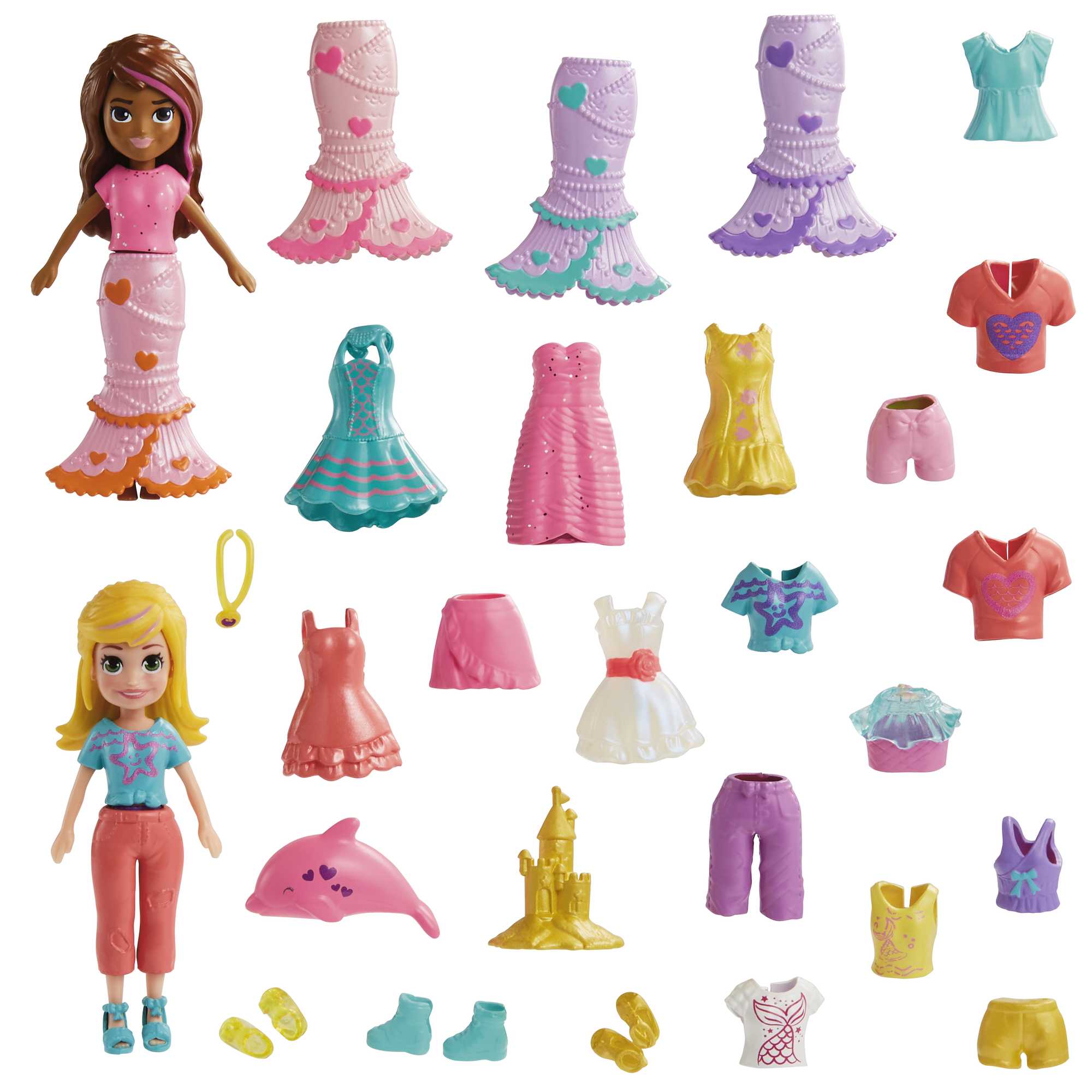 Polly Pocket 2 Dolls And 25 Accessories, Color-Change Seashine Mermaid Fashion Pack