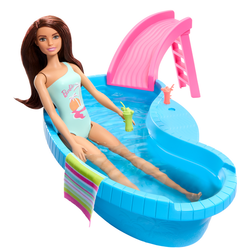 Barbie Coffret et Poupée, Brunette, Piscine, Serviette, Boissons