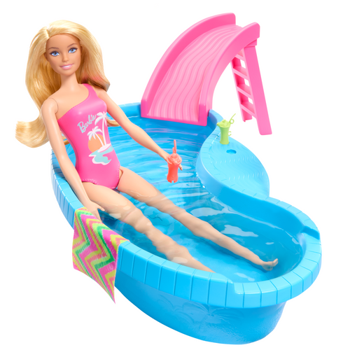 Barbie Coffret de Jeu et Poupée, Blonde, Piscine, Serviette, Boissons